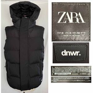 ZARA dnwr Mens Medium Black Bungee Cord Hooded Full Zip Puffer Vest EUC